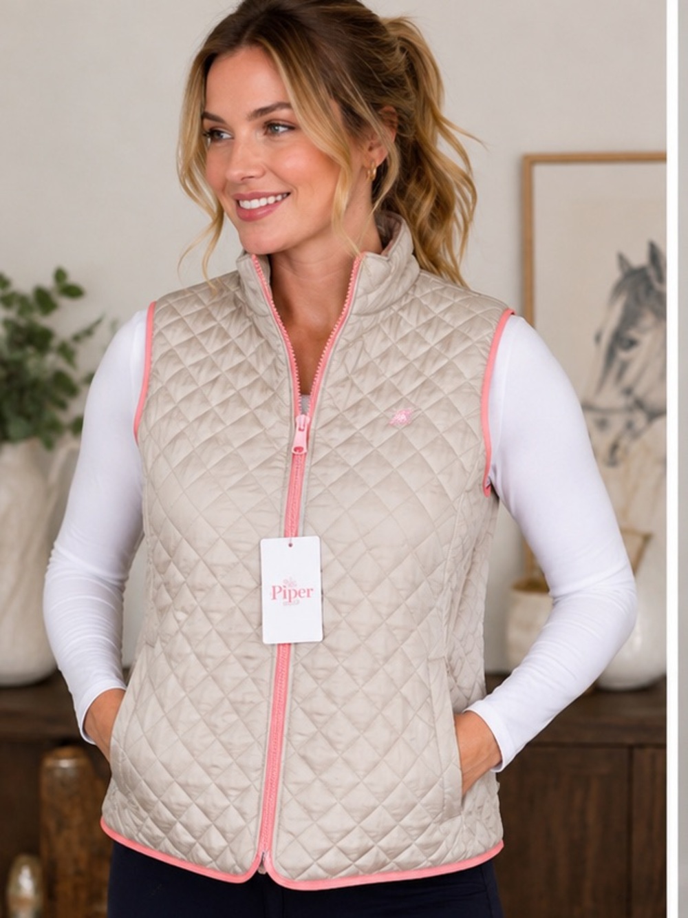 Piper Quilted Equestrian Vest Cream Pink Trim Women’s XXL NWT 0645